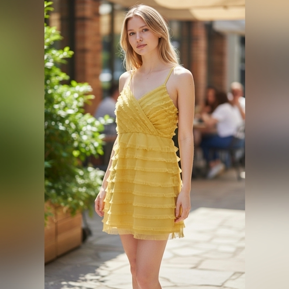 Arden B Yellow Cocktail Sleeveless Dress With Ruffle Sz Small